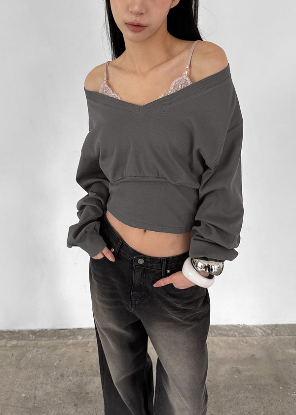 Senk Deep V-neck Crop Man-to-man Long Sleeve T-shirt