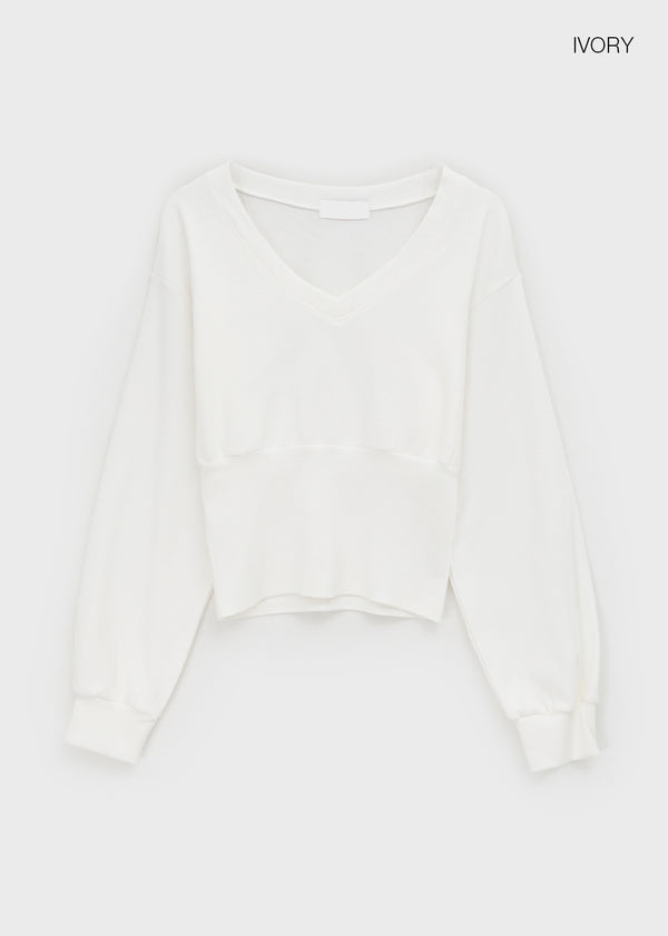 Senk Deep V-neck Crop Man-to-man Long Sleeve T-shirt