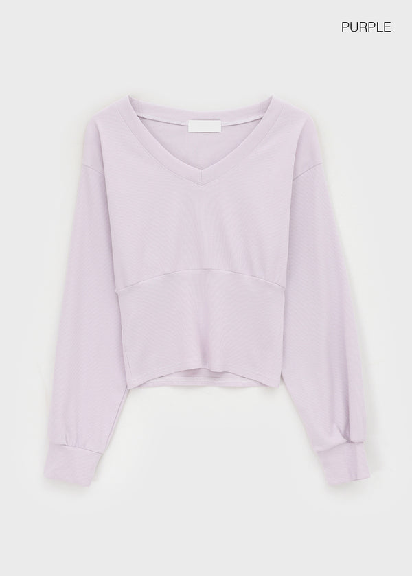 Senk Deep V-neck Crop Man-to-man Long Sleeve T-shirt