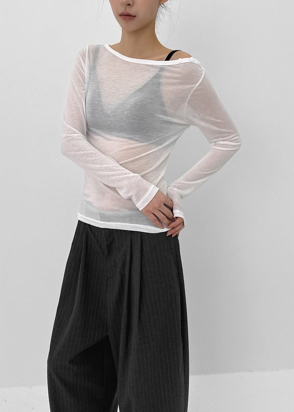 Teroti Boat Neck Shoulder Button Long Sleeve T-shirt