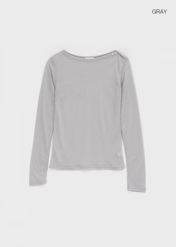 Teroti Boat Neck Shoulder Button Long Sleeve T-shirt