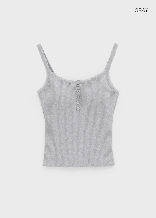 Feight Lace Button Sleeveless Top (Built-in Cap)