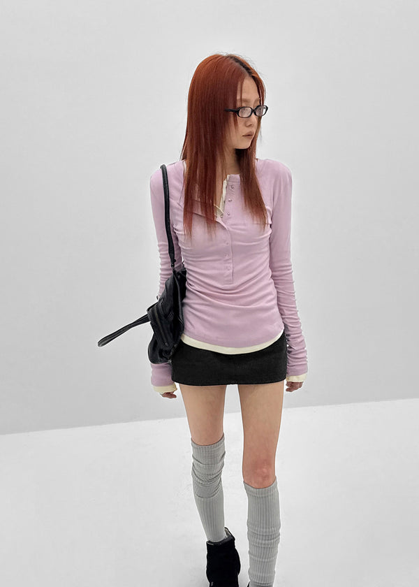 Nuden Snap Button Rounding Long Sleeve T-shirt