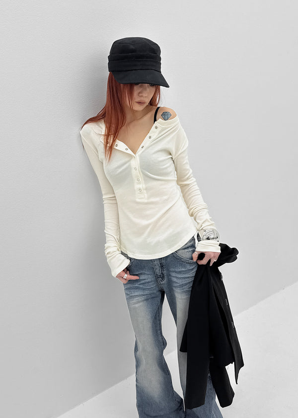 Nuden Snap Button Rounding Long Sleeve T-shirt