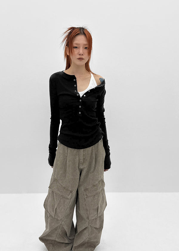 Nuden Snap Button Rounding Long Sleeve T-shirt