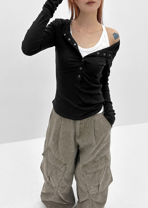 Nuden Snap Button Rounding Long Sleeve T-shirt