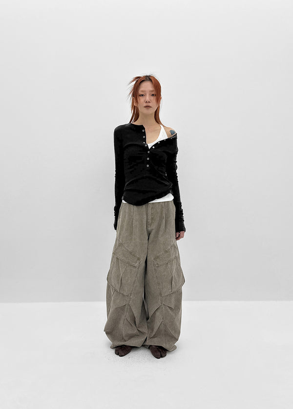 Nuden Snap Button Rounding Long Sleeve T-shirt