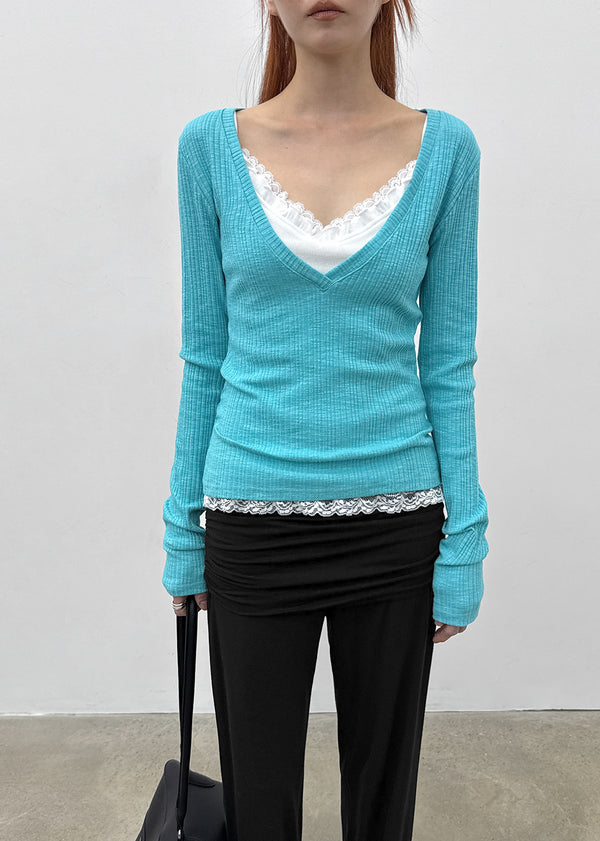 Dearlon Deep V-neck Ribbed Long Sleeve Tee