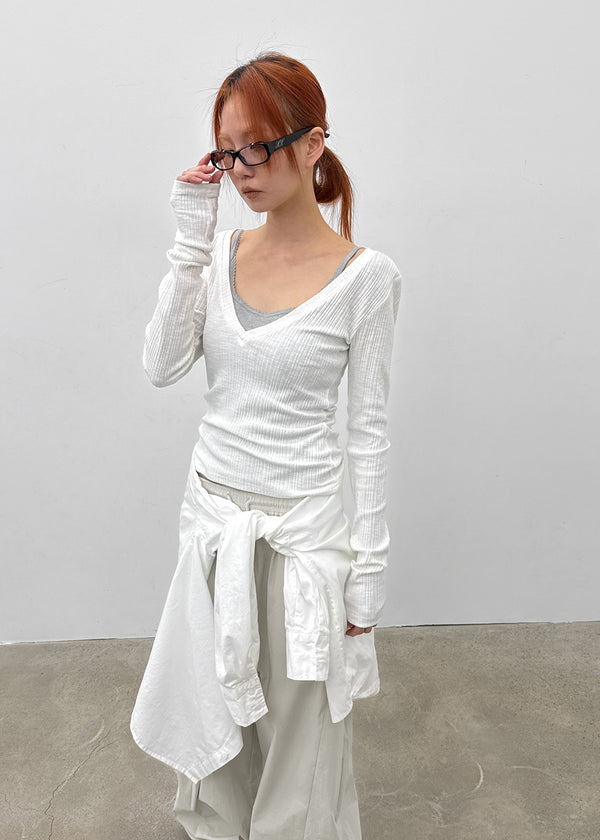 Dearlon Deep V-neck Ribbed Long Sleeve Tee