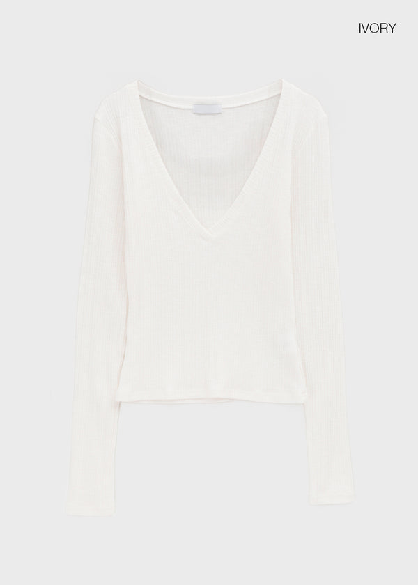 Dearlon Deep V-neck Ribbed Long Sleeve Tee