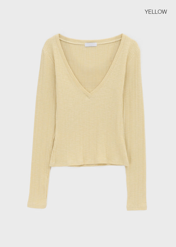 Dearlon Deep V-neck Ribbed Long Sleeve Tee