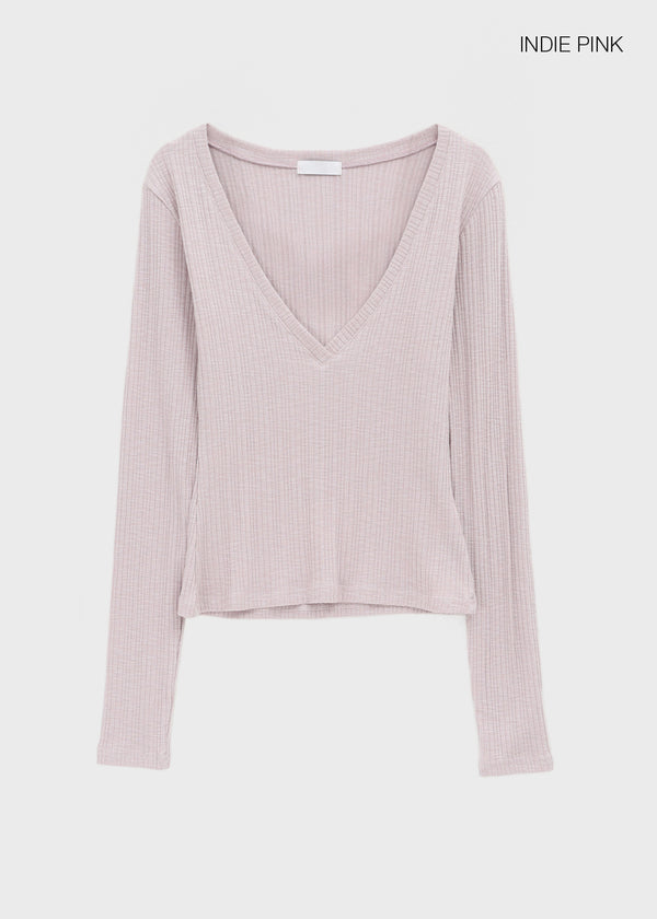 Dearlon Deep V-neck Ribbed Long Sleeve Tee
