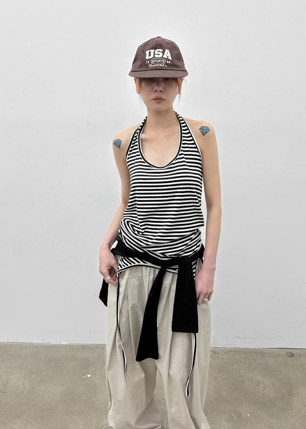 Twos-two Striped Strap Halter Long Sleeveless