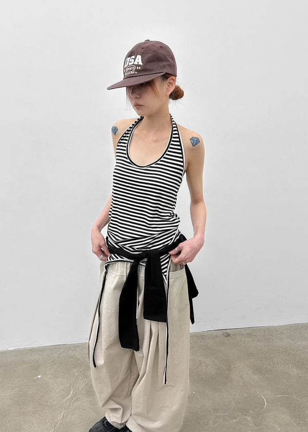 Twos-two Striped Strap Halter Long Sleeveless