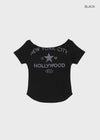 Tikill Lettering Off-shoulder Short Sleeve T-shirt