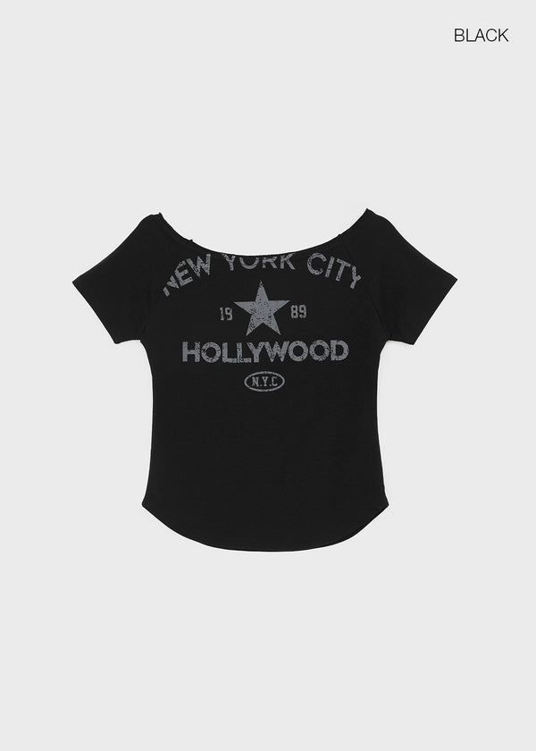 Tikill Lettering Off-shoulder Short Sleeve T-shirt