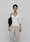 Loopty Button V-neck Ribbed 3/4 Sleeve Tee