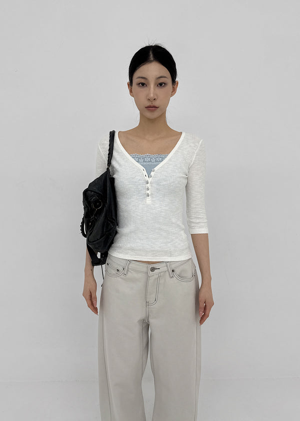 Loopty Button V-neck Ribbed 3/4 Sleeve Tee