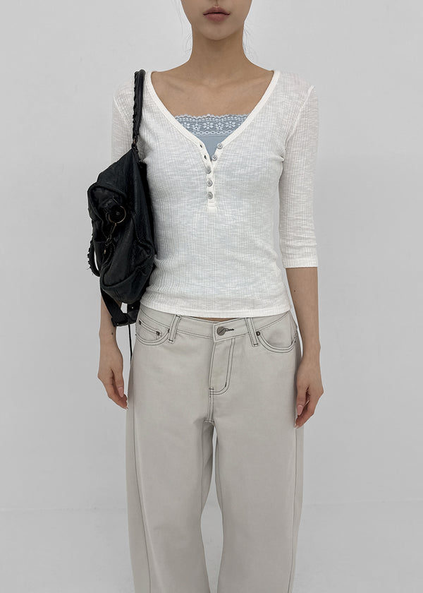 Loopty Button V-neck Ribbed 3/4 Sleeve Tee