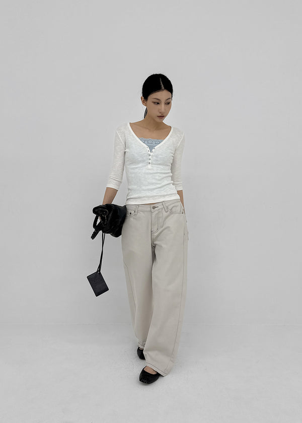 Loopty Button V-neck Ribbed 3/4 Sleeve Tee
