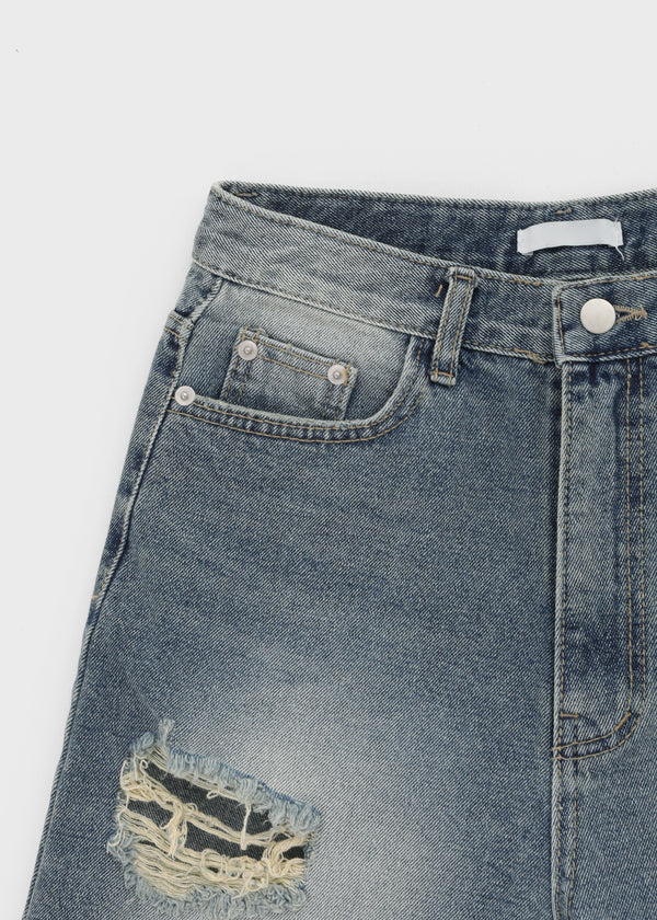 Kallang Tin-washed Damaged Denim Shorts