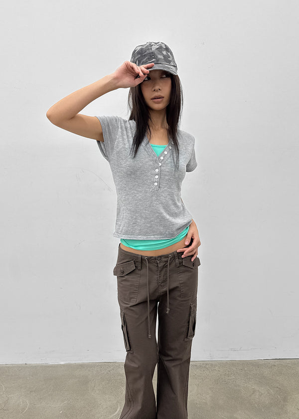 Shadin Button V-sleeve Short Sleeve Knit