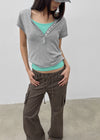 Shadin Button V-sleeve Short Sleeve Knit
