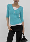 Loopty Button V-neck Ribbed 3/4 Sleeve Tee