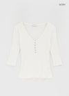 Loopty Button V-neck Ribbed 3/4 Sleeve Tee