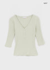 Loopty Button V-neck Ribbed 3/4 Sleeve Tee