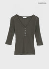 Loopty Button V-neck Ribbed 3/4 Sleeve Tee