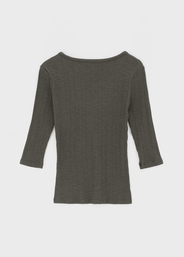 Loopty Button V-neck Ribbed 3/4 Sleeve Tee