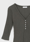 Loopty Button V-neck Ribbed 3/4 Sleeve Tee