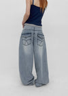 Comtian Back Pocket Washed Wide Denim Pants