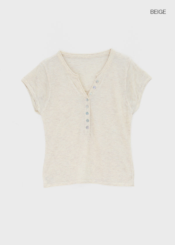 Shadin Button V-sleeve Short Sleeve Knit
