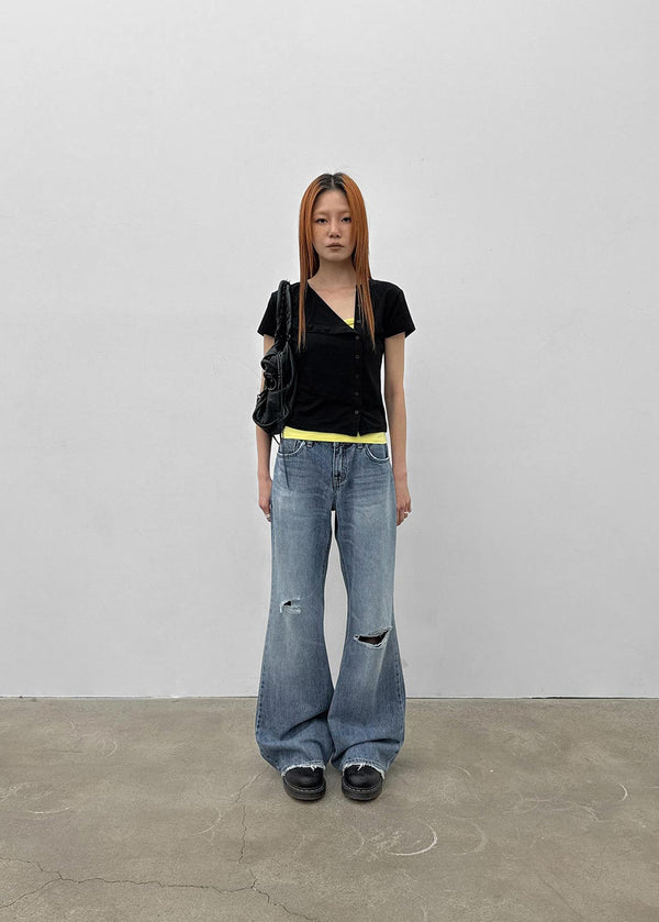 Rotomi Damaged Low-waisted Bootcut Denim Pants