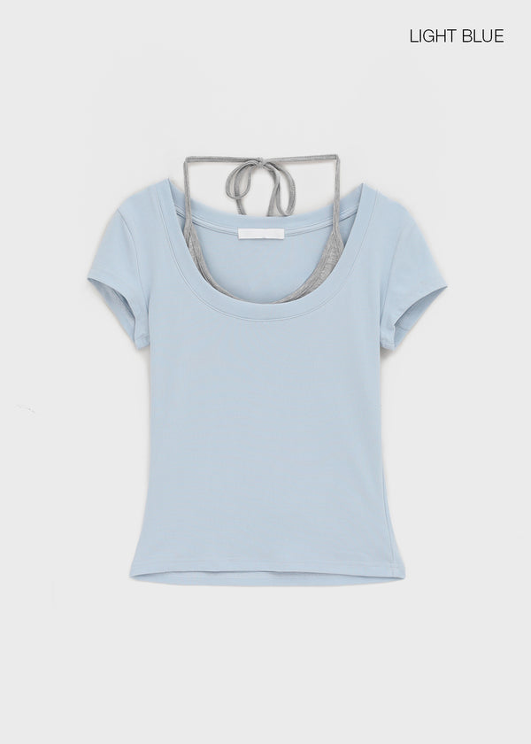 Ironi Halter Layered Cap Sleeve Short Sleeve Tee