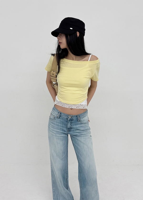 Ferrols Crop Color Off-shoulder Short Sleeve Tee