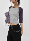 Half-tie Shirring Color-block Raglan 3/4 Sleeve Tee