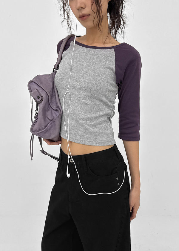 Half-tie Shirring Color-block Raglan 3/4 Sleeve Tee