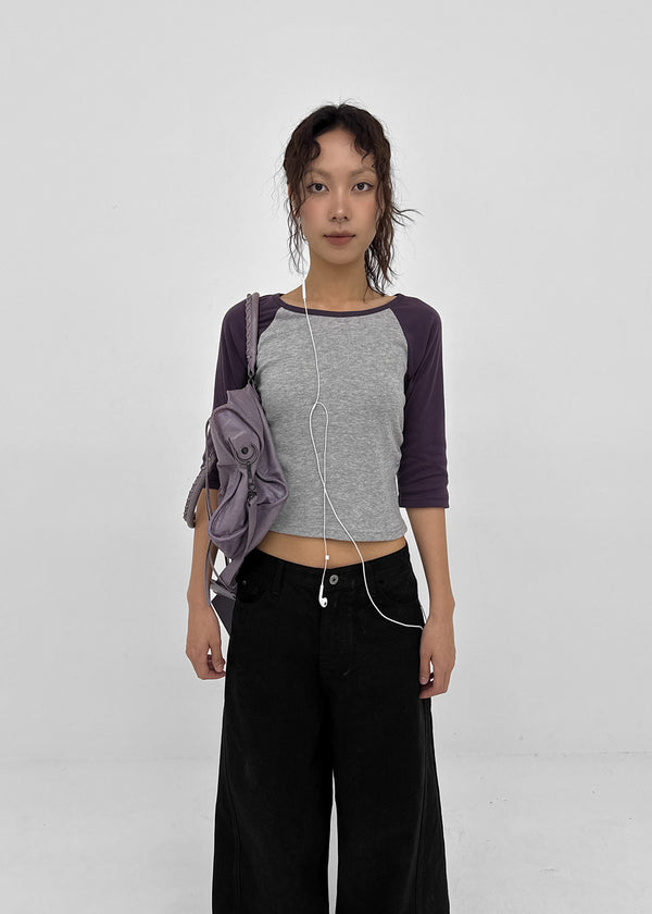 Half-tie Shirring Color-block Raglan 3/4 Sleeve Tee