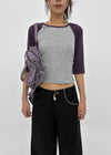 Half-tie Shirring Color-block Raglan 3/4 Sleeve Tee