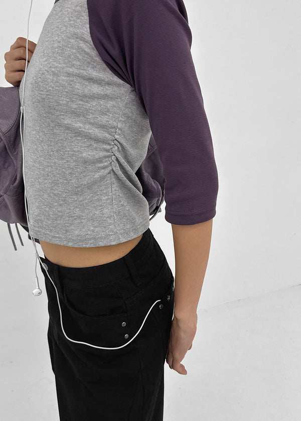 Half-tie Shirring Color-block Raglan 3/4 Sleeve Tee