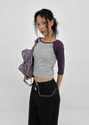 Half-tie Shirring Color-block Raglan 3/4 Sleeve Tee