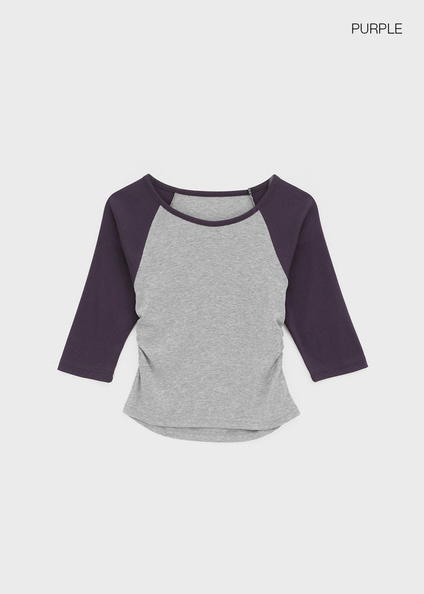 Half-tie Shirring Color-block Raglan 3/4 Sleeve Tee