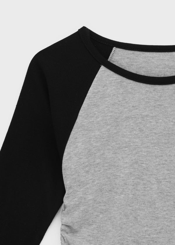 Half-tie Shirring Color-block Raglan 3/4 Sleeve Tee