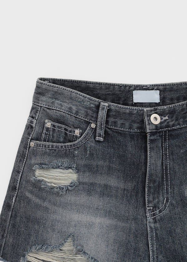 Fallb Damaged Washed Denim Shorts