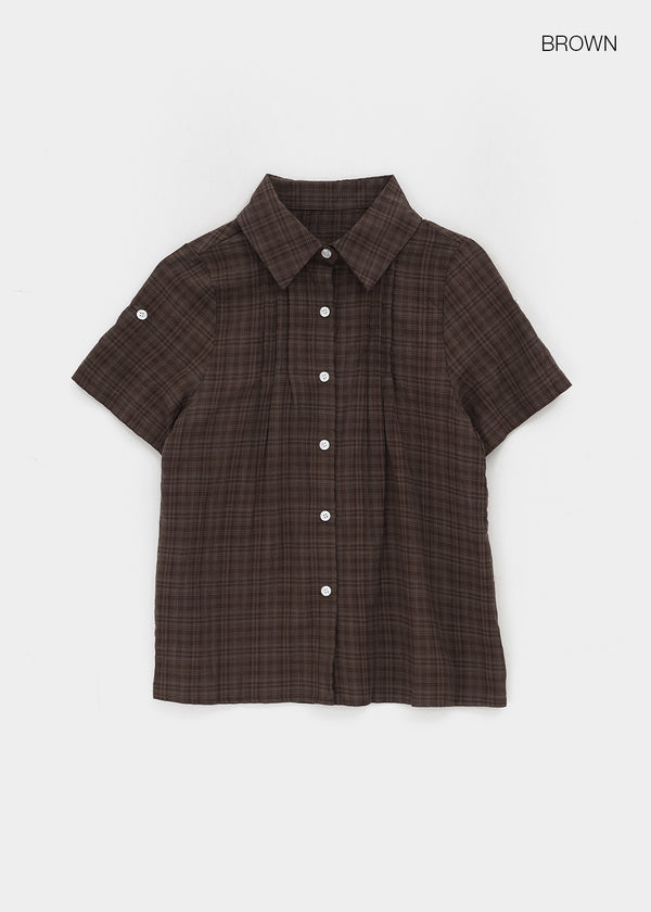 T-farm Pintuck Short Sleeve Check Shirt