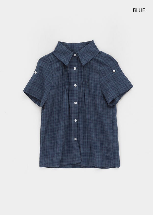 T-farm Pintuck Short Sleeve Check Shirt