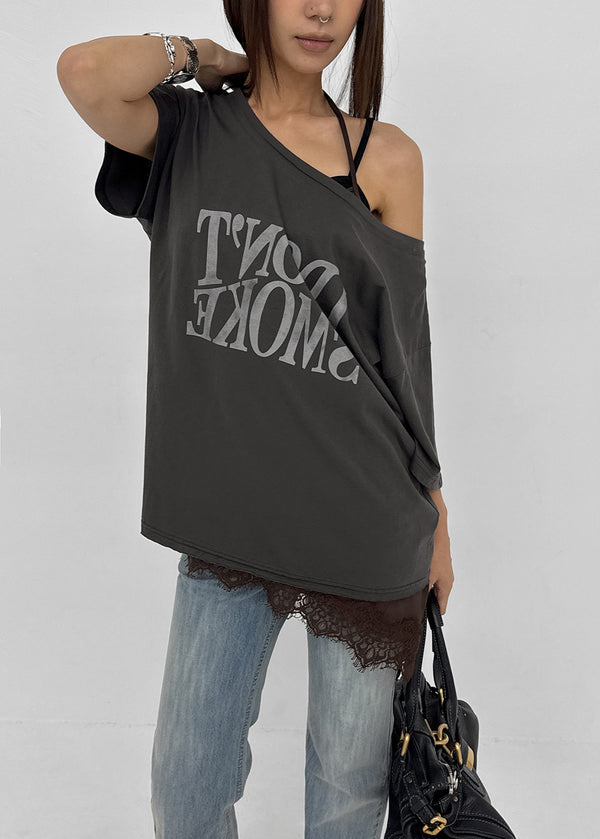 Compact Print Asymmetrical Off-shoulder Short Sleeve T-shirt